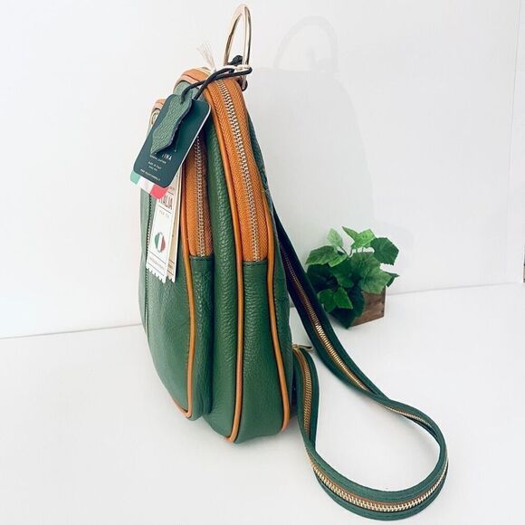 NWT Valentina Green Tan Italian Genuine Leather Convertible Sling Backpack Bag main image 6
